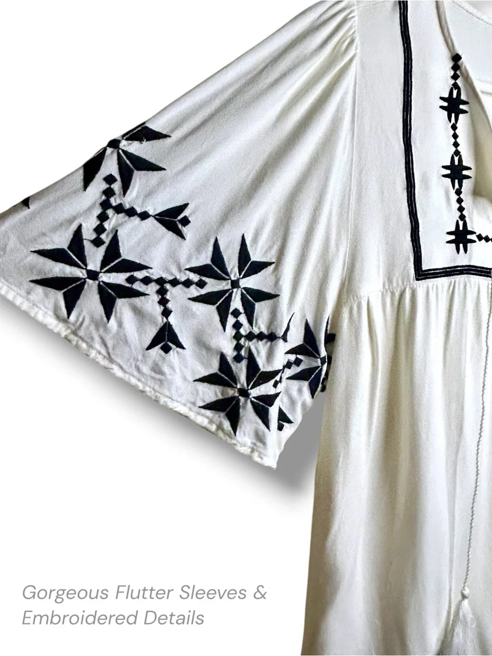 Y2K Peasant Blouse White w Black Boho Embroidery Flutter Sleeves & Tassel Ties L